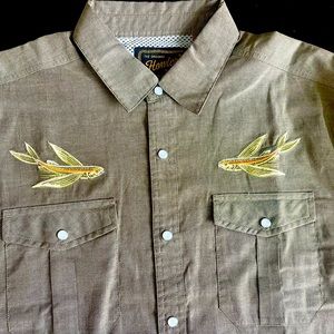 Howler Brothers Gaucho Mutation Flying Fish Snap Shirt Brown Men's Large NWOT